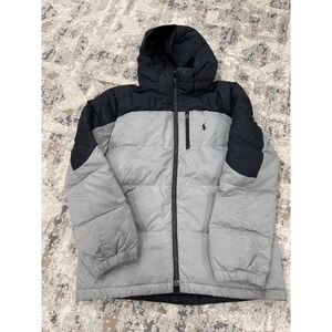 Polo Ralph Lauren Performance Boys L 14-16 Puffer Jacket Grey Black Hooded Coat